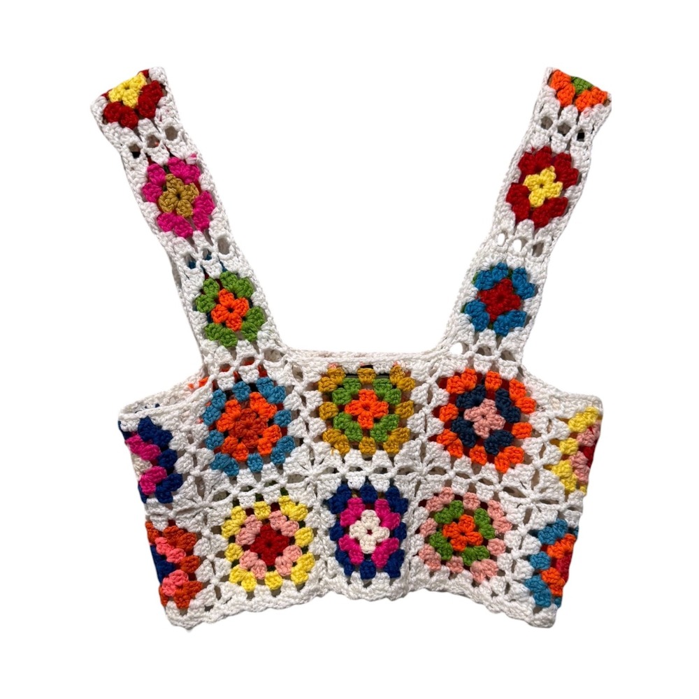 Edikted Granny Square Crochet Cropped Knit Sleeveless Top Boho Festival Colorful